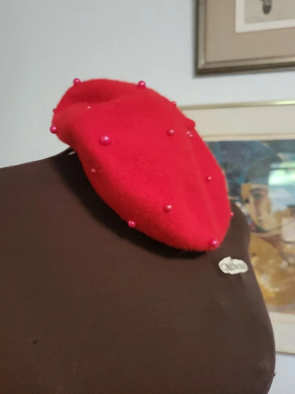 Vintage Red Angora with Pearls Beret